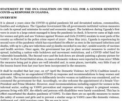 STATEMENT BY THE DVA COALITION ON THE CALL FOR A GENDER SENSITIVE COVID-19 RESPONSE IN UGANDA